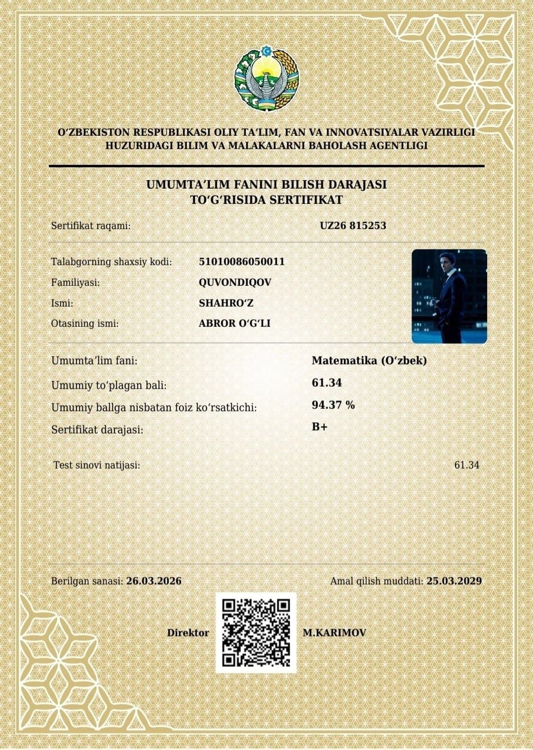 Quvondiqov Shahro'z sertifikati