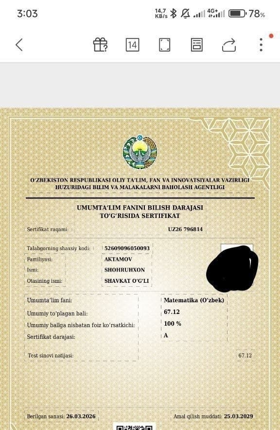 Saidalimov Asliddin sertifikati