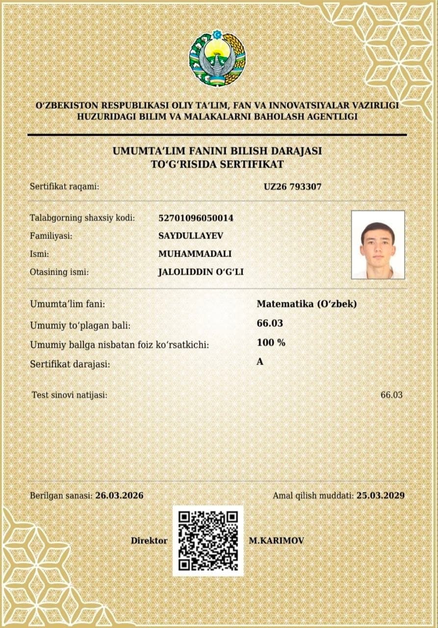 Do'stmurodov Muhammad sertifikati